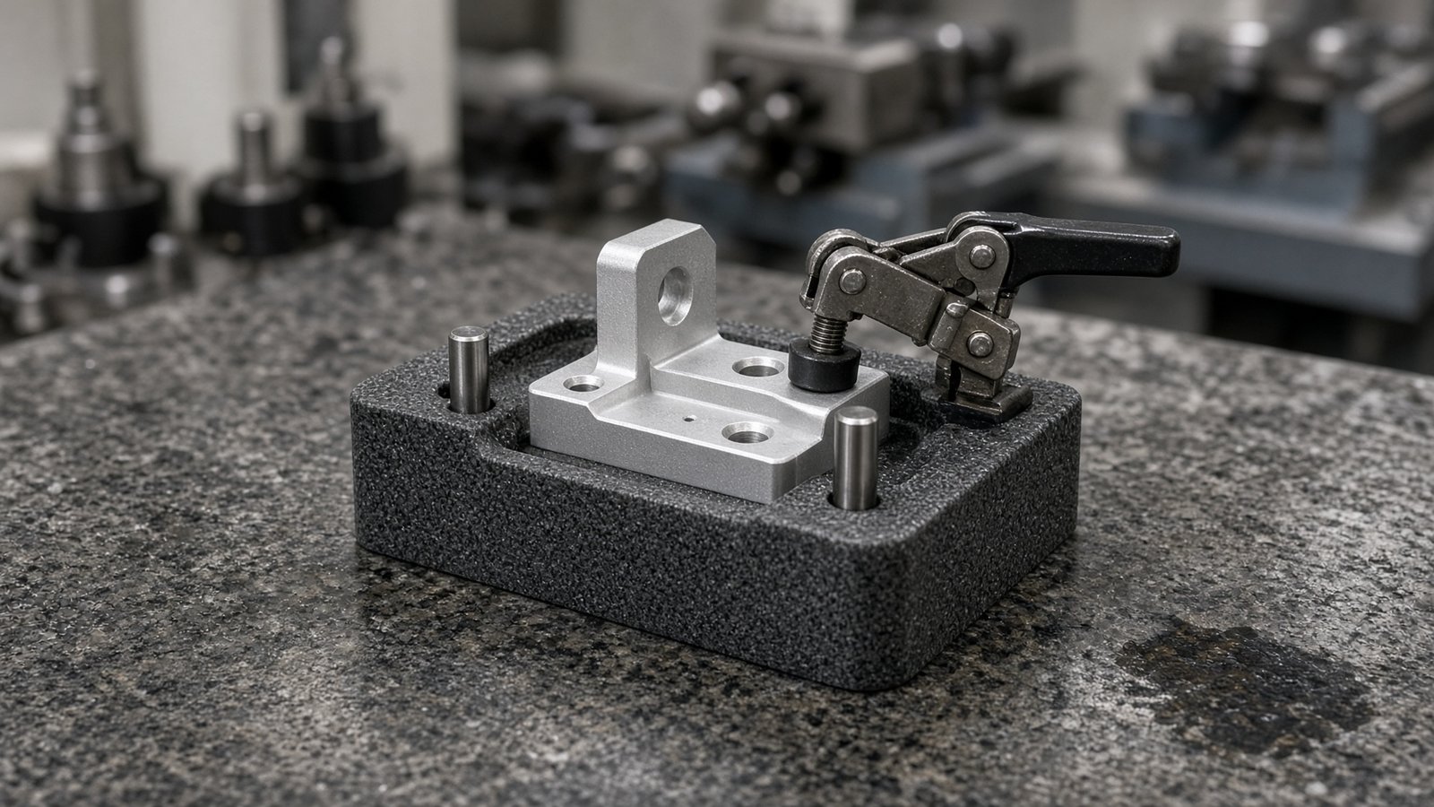 Carbon-fiber-filled polymer fixture holding an aluminum bracket on a surface plate