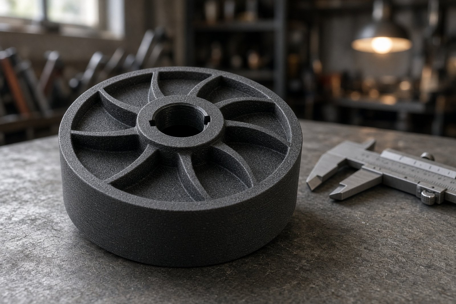 Carbon-fibre filled polymer impeller on an inspection bench beside a caliper